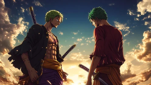 Dual sword warriors face off under blazing sunset sky.