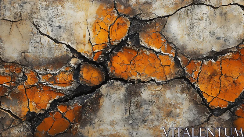 Cracked Concrete Wall with Orange and Black Abstract Texture.