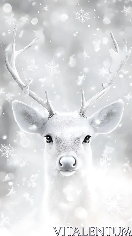 Gentle winter deer gazes softly through falling snowflakes