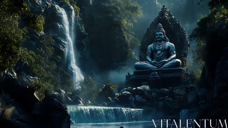 Serene stone deity beside misty forest waterfall at dusk.