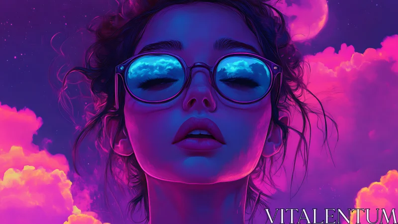 Neon-lit dreamy portrait with reflective glasses and cyan clouds