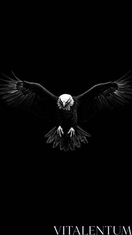 Bald eagle descends with wings fully spread over black void