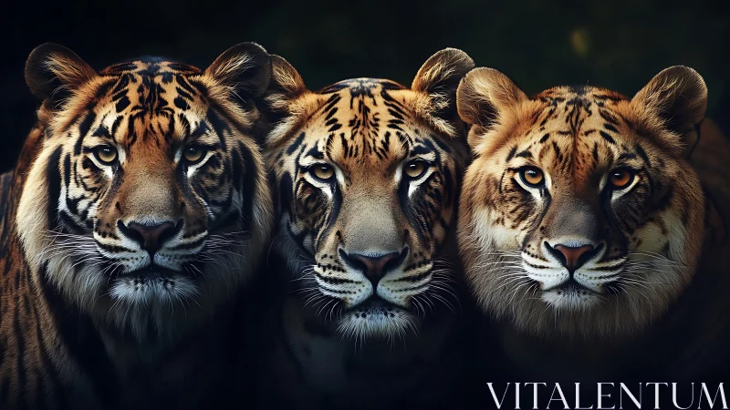 Three Tigers Gazing Forward in Dramatic Golden Light.