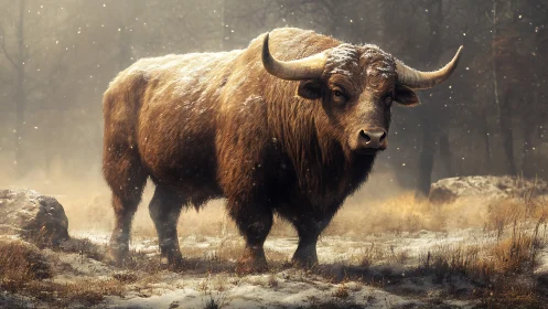 Snow-dusted longhorn bovine rendered with high-detail fur shading