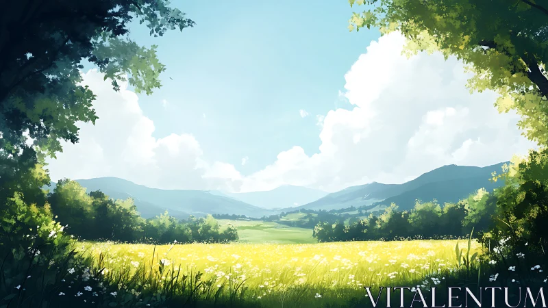 Sunlit valley meadow under bright summer sky. Period.