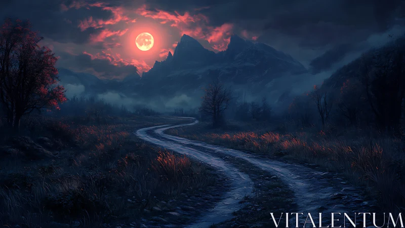 Blood moon illuminates winding road through misty valley