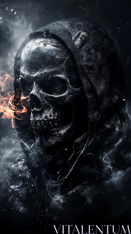Hooded skull figure in dark smoky environment.