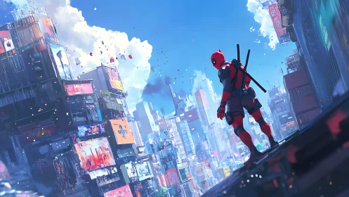 Red-suited rooftop rogue surveys neon-splashed mega city.