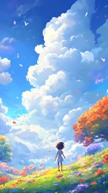 Child on flowered hillside under tall cumulus cloud bank.