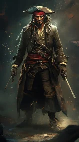 Battle-worn pirate captain with twin swords in smoky haze