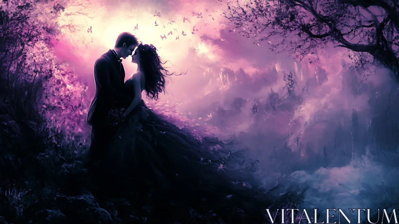 Ethereal Embrace: Silhouetted Couple Against Luminescent Fantasy Realm.