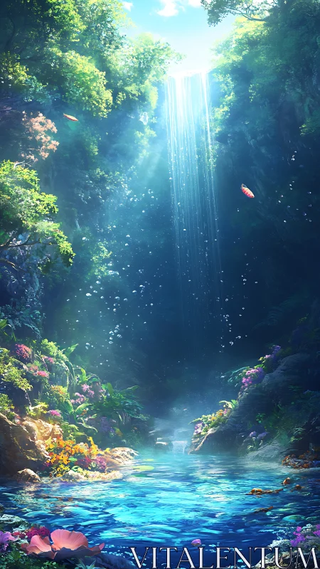 Backlit tropical waterfall illuminates saturated cyan pool and flora
