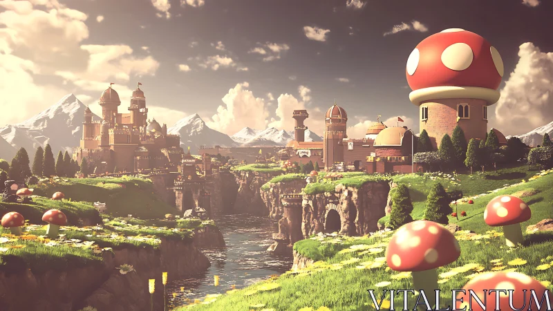 Whimsical mushroom kingdom sprawls across sunlit cliffs.