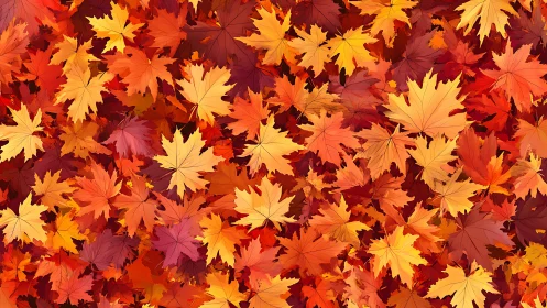 Dense pattern of layered orange and red autumn leaves.