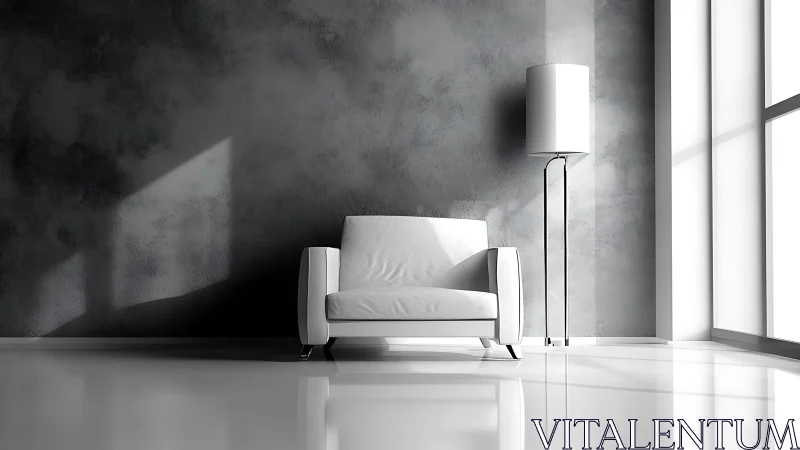 Minimalist white armchair in bright modern living room.