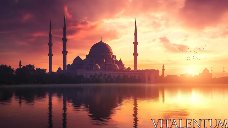 Sunset-lit mosque silhouette with mirrored reflections on calm water