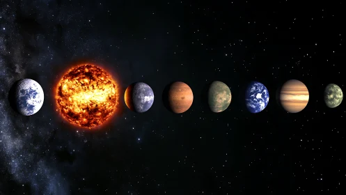Linear exoplanetary system rendered with illuminated stellar corona dynamics