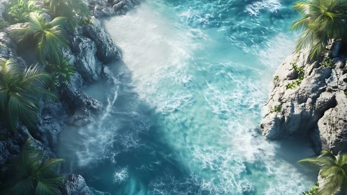 Turquoise Ocean Convergence at Rocky Cliffs.