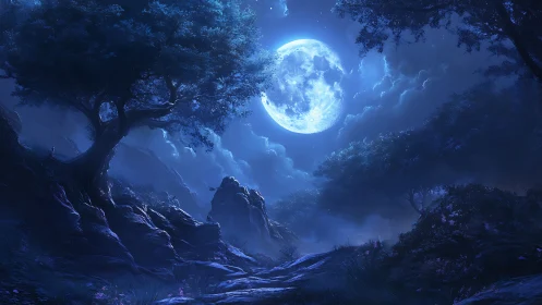 Moon drenched forest path under whispering sapphire skies.