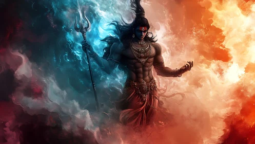 Divine warrior between blue frost and burning firestorm.