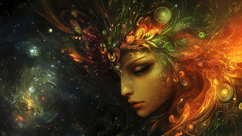 Cosmic goddess portrait with swirling nebula hair design.