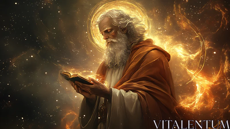 Elderly robed figure studies illuminated book in void