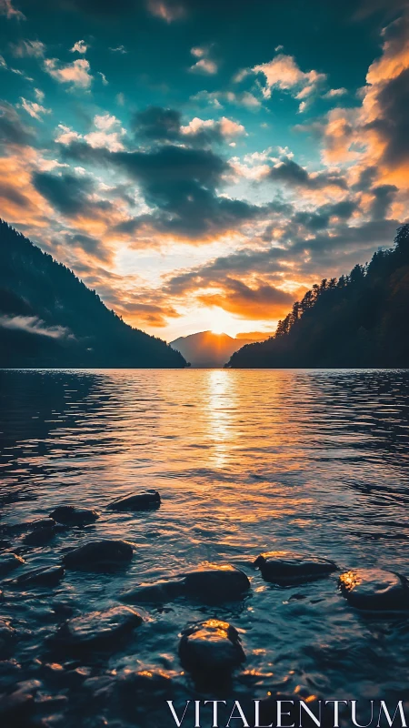 Sunset reflection over alpine lake with dramatic cloudscape.