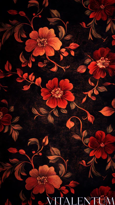 Crimson Blooms Dance Against Darkness in Ornamental Splendor