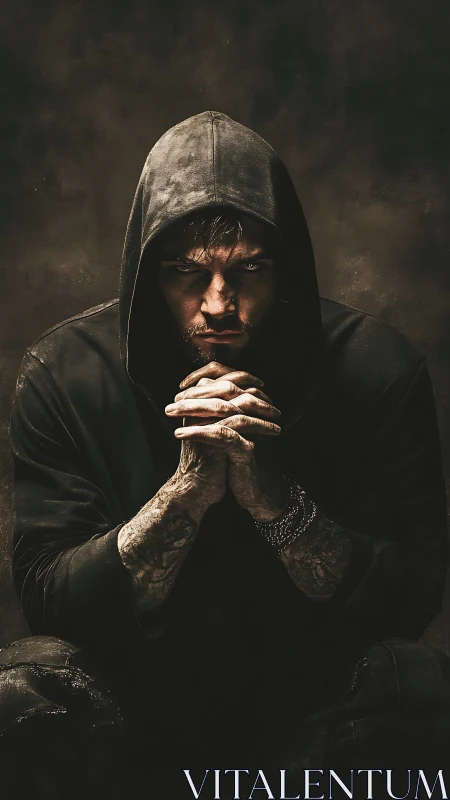 Brooding hooded man in dramatic low key portrait photography.