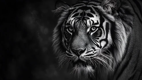 Monochrome tiger portrait with piercing reflective eyes.