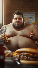 Burger binge moment with a contemplative diner at rest.