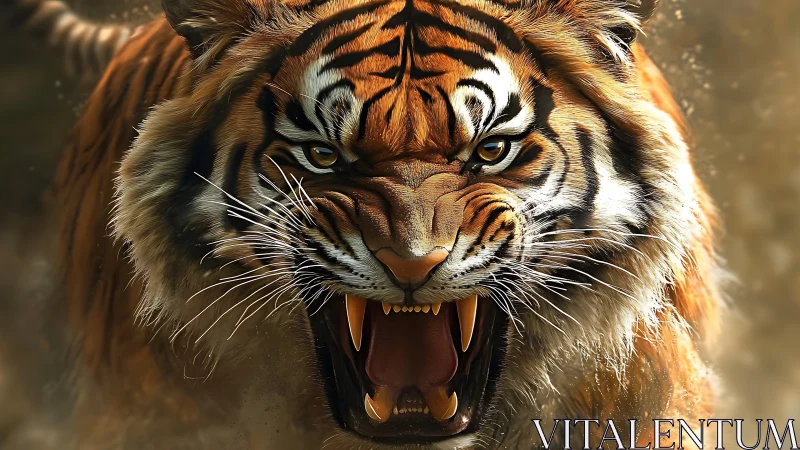 Snarling tiger lunging forward with intense golden glare.