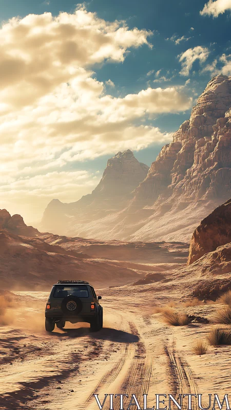 Sunlit desert trail with lone 4x4 chasing distant cliffs.