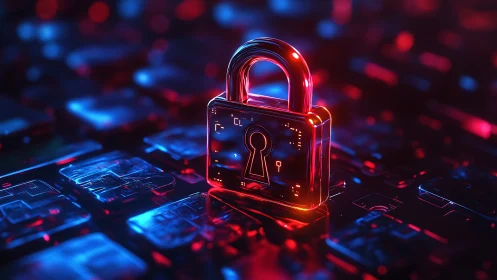 Padlock on illuminated circuit keyboard in neon lighting.