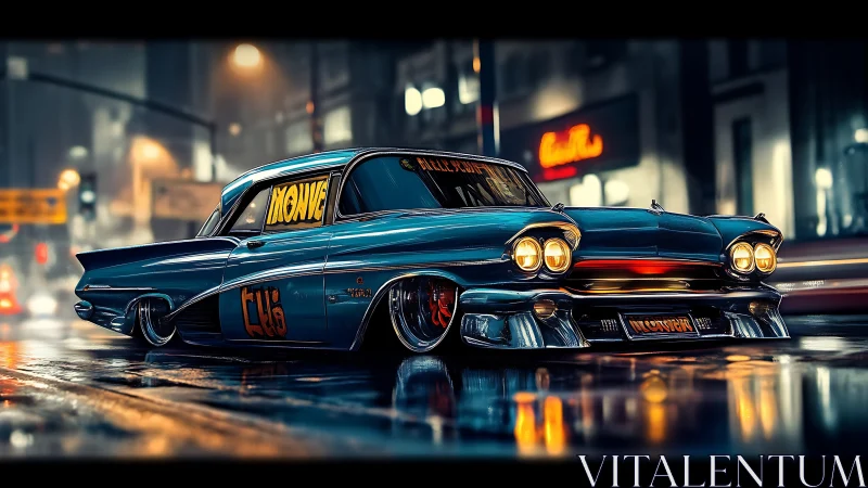 Retro lowrider muscle car on neon wet city street at night.