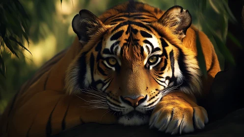 Forest ember tiger resting in shadow-dappled patience.