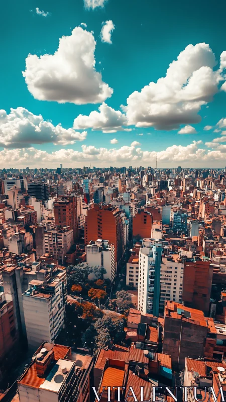 High-rise urban skyline under saturated teal clouds.