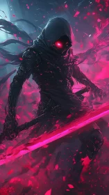 Hooded figure with glowing red eyes and energy sword.