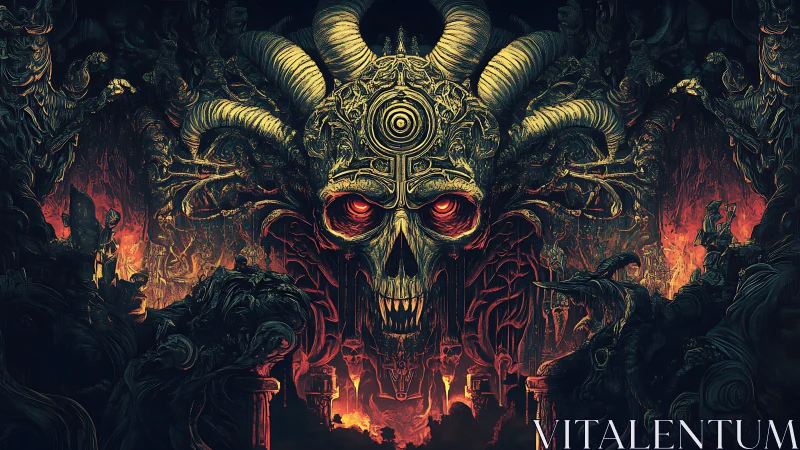 Fiery horned skull throne glowing in a dark infernal realm.