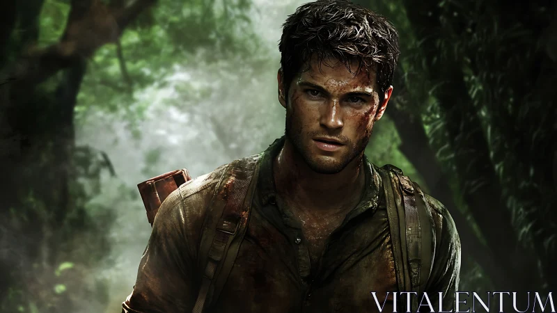 Mud streaks and green shadows crown a jungleworn explorer.