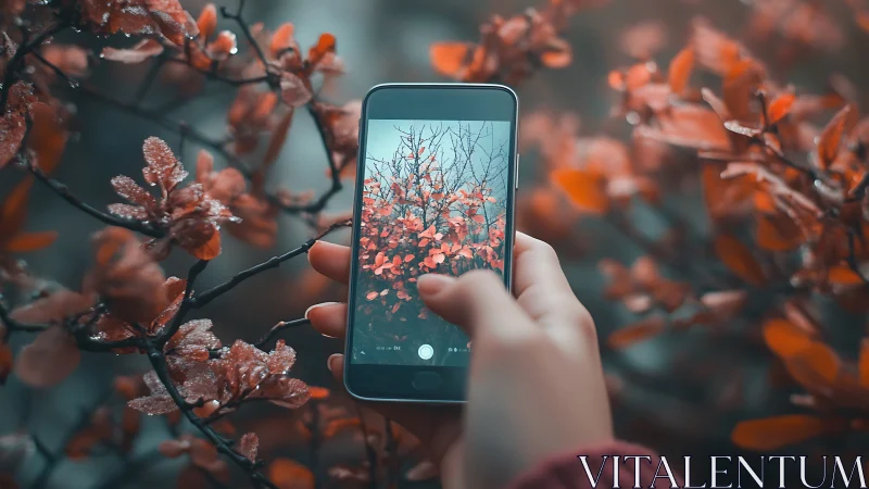Hand holding smartphone capturing red autumn leaves scene.