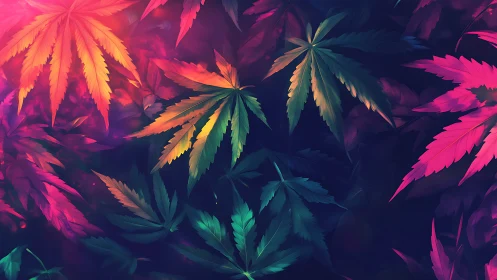 Neon cannabis leaves glow in a vibrant abstract pattern.