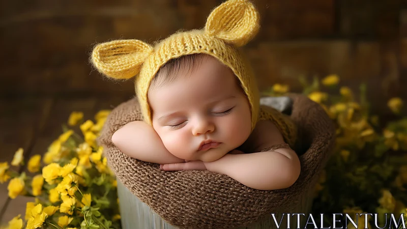 Peacefully Sleeping Newborn in Golden Bear Hood.