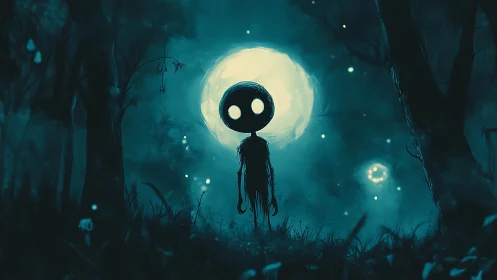 Moonlit shadow figure lingers in an eerie enchanted forest.