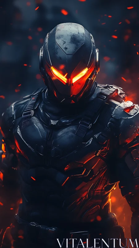 Cybernetic armored warrior with burning visor in embers.