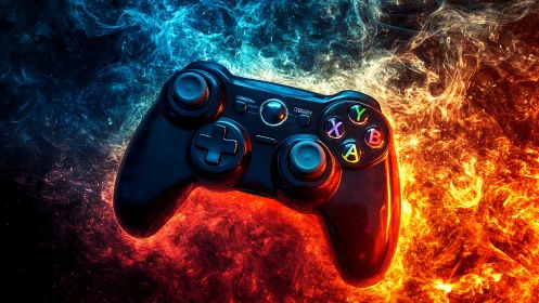 Gaming controller suspended in dual-tone fire and ice field.