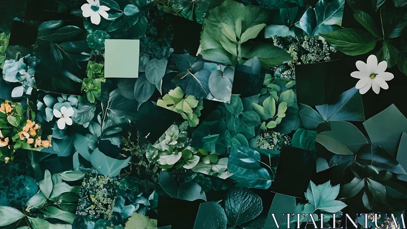 Layered botanical collage arranges tonal green foliage variations