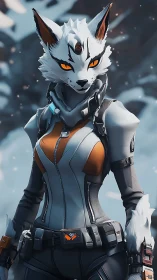 Cybernetic vulpine sentinel in articulated tactical exosuit.