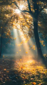 Sunlit forest path with autumn leaves and soft rays.