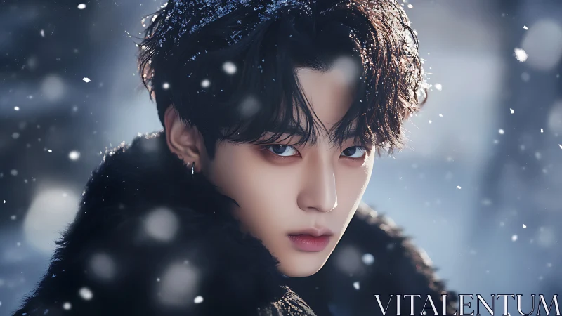 Winter portrait of intense gaze in softly falling snow.